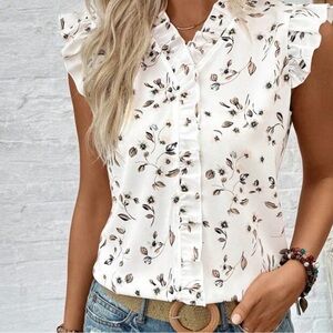 SHEIN Floral Ruffle Sleeve Blouse - Cream
